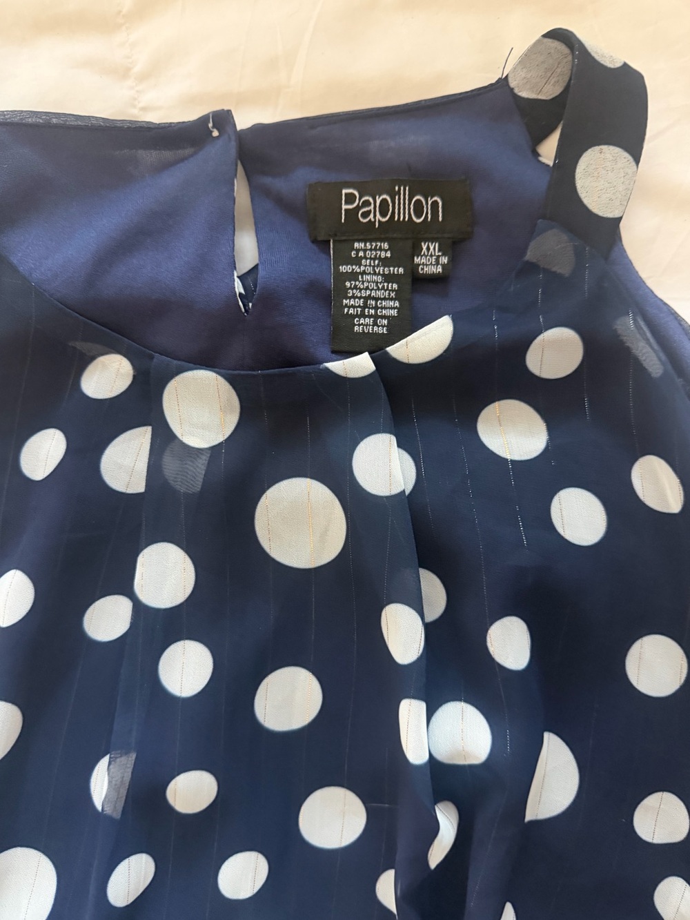 Papillon Shift Dress Navy and White Polka Dot with Sparkly Gold Stripes